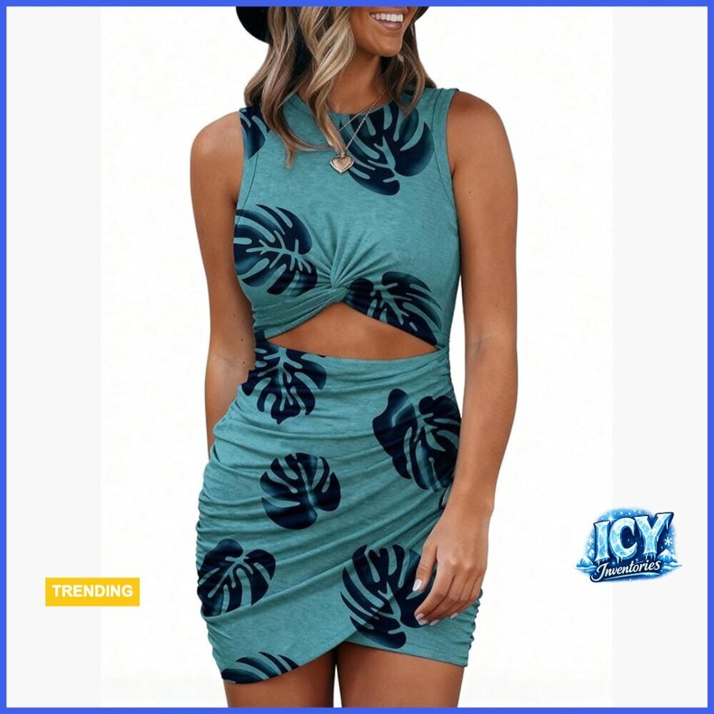Sleeveless Crewneck Bodycon Mini Dress with Twist Knot Front